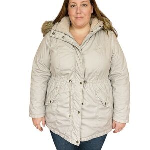 Maurices 0 (14) Beige Puffer Utility Winter Coat w/ Faux Fur Hood Cozy Jacket